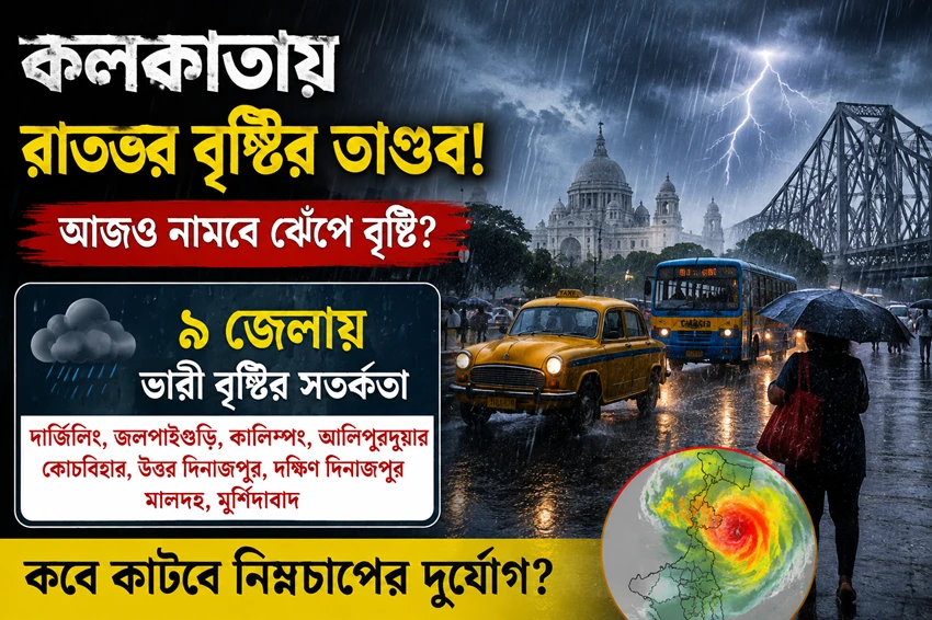 কলকাতায় রাতভর বৃষ্টির তাণ্ডব! আজও নামবে ঝেঁপে বৃষ্টি? ৯ জেলায় ভারী বৃষ্টির সতর্কতা, কবে কাটবে নিম্নচাপের দুর্যোগ?